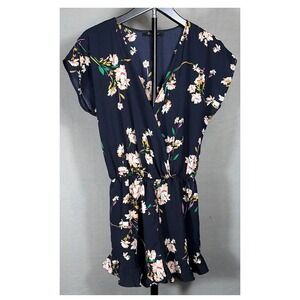 Floral Navy V-neck Front Romper with Ruffle Hem‎ and Elastic Waist Women's small